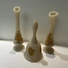 Fenton Vaseline Glass Opalescent Hand Painted Vases & Bell Signed