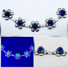 Vintage Sterling Blue Uranium Glass Bracelet Rare Sapphire Blue 1960s Flower 925