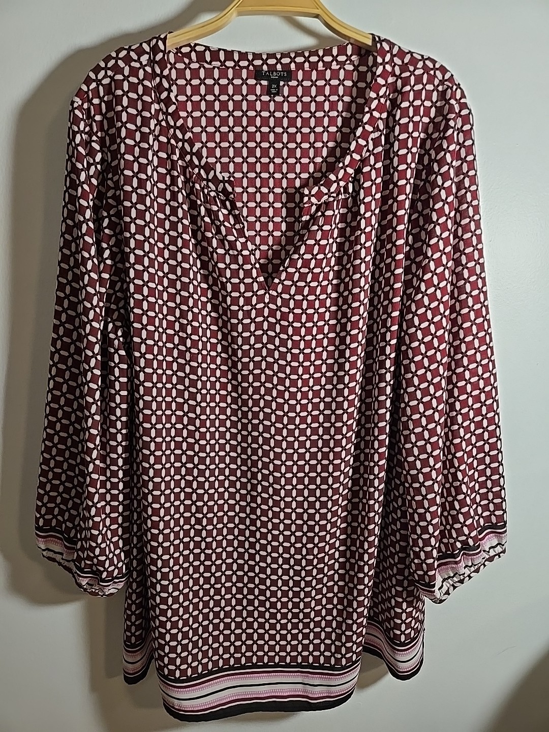 Talbots Burgundy White Tunic Top Blouse Size 2X 3/4 Sleeve