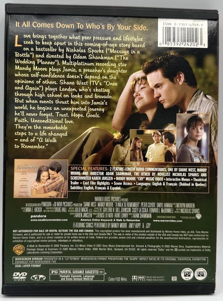 A Walk to Remember DVD Widescreen Shane West Mandy Moore Daryl Hannah 2002 - Image 2 of 3