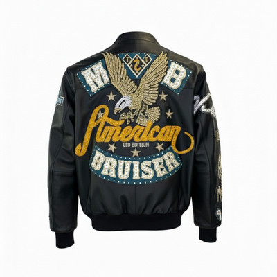 Mens  1978 Bomber  American Bruiser Black Leather Jacket Men s Embroidered