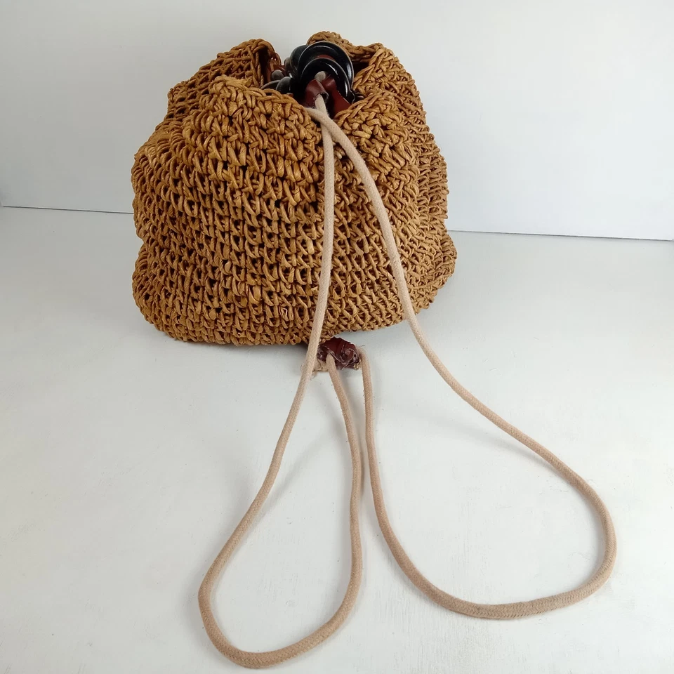 Unique Luxe Brown Cognac Basket Weave Backpack Satchel Bag Leather Wood Toggle - Image 3 of 4