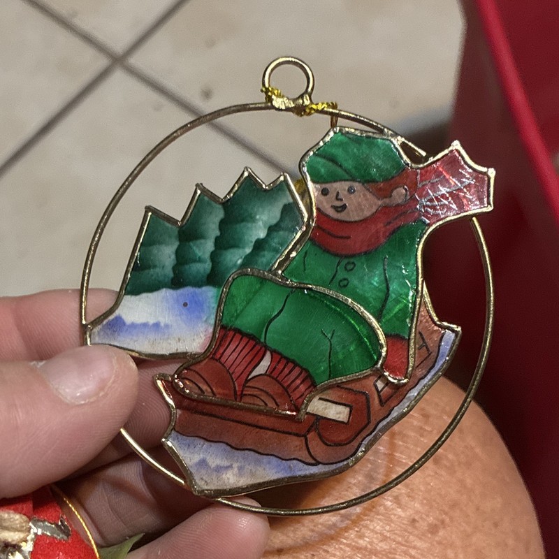 Stained Glass Style Christmas Hanging Ornament Winter Sledding Scene Circle
