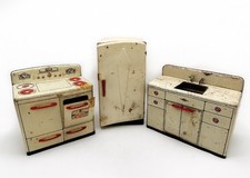 Vintage 1950s Wolverine Tin Litho Toy Kitchen Set Stove Sink Fridge Trio Playset