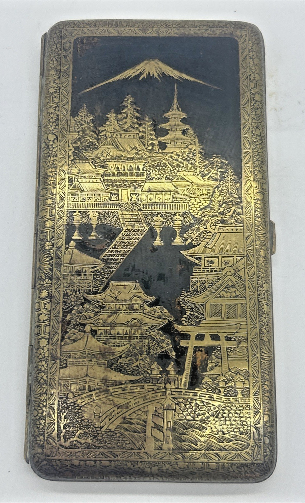 Japanese Damascene Cigarette Case - Antique with Mount Fuji, Village & Peacock