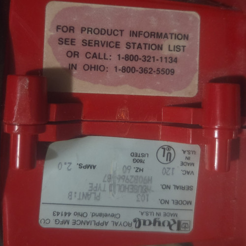 Royal Model 103 Handheld Vacuum Bagged Corded Electric 120V 2.0A