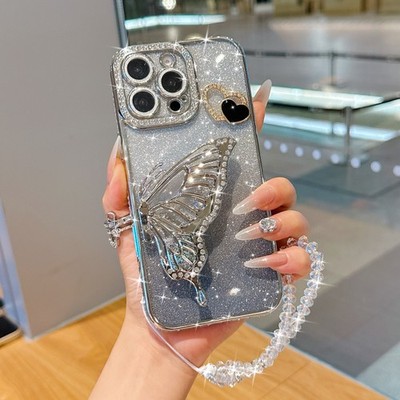 Case For Samsung S26 Ultra/S25/A17/A37/A57 Diamond Butterfly Holder Cover +Chain
