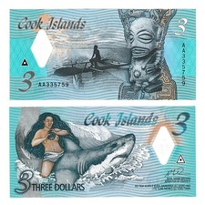 Cook Islands 3 Dollars, ND (2021), P-11, UNC, Polymer Banknote, Ina & Shark