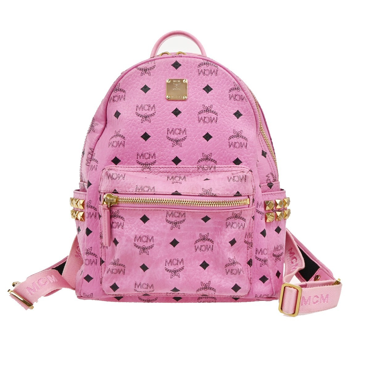 Bolso Mochila MCM Logo Visetos Patrón Stark Cuero Rosa GHW 31EG413