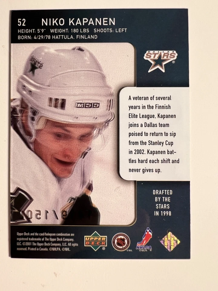 2001-02 NIKO KAPANEN Upper Deck Ice Fresh Faces /1500 #52 Rookie RC - Image 2 of 4