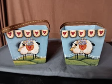 Set Of 2 Hand Painted Primative Country  Sheep Cardboard Baskets Ribbon Handles 