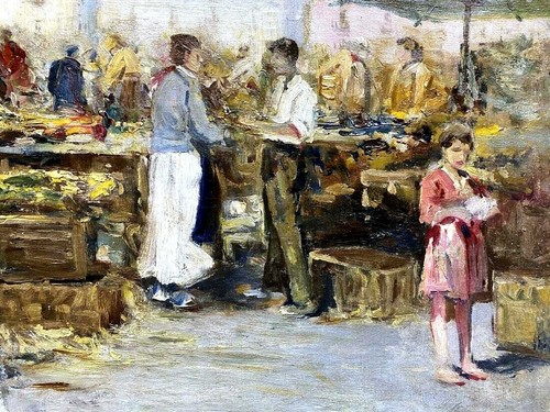 Very impressive Antique painting of open market scene early 20th Century - 第 2/6 張圖片