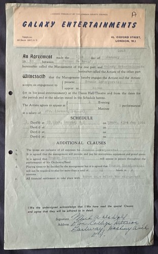 RARE SOUNDS INCORPORATED PERFORMANCE GIG APPEARANCE CONTRACT 17/01/1964 - Picture 1 of 4