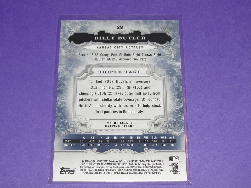 2013 Triple Threads BILLY BUTLER #29 Black Variant/50 ROYALS - Oakland ATHLETICS - Image 2 of 2