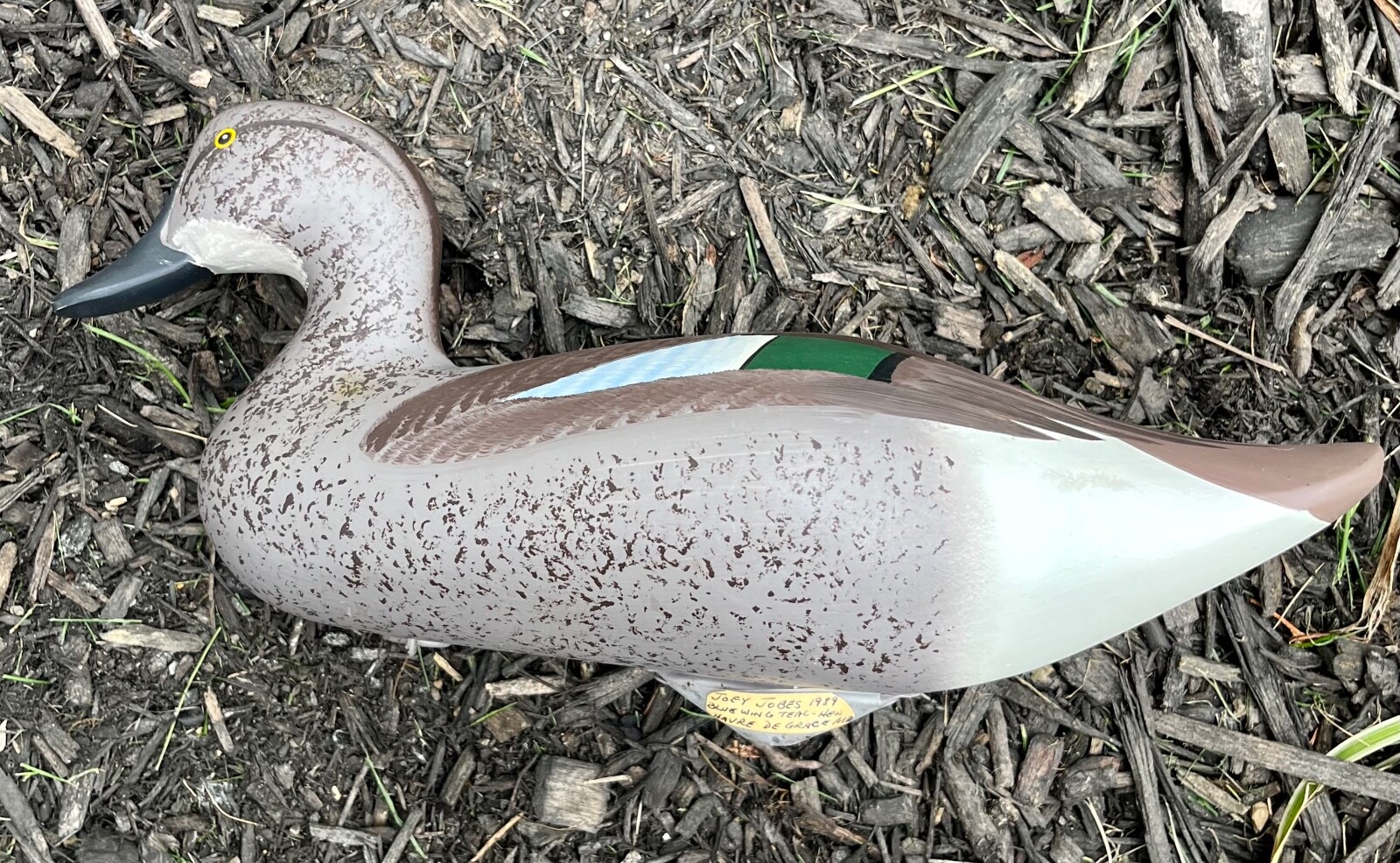 Joey Jobes signed 1989 vintage blue winged teal hen decoy duck Havre de