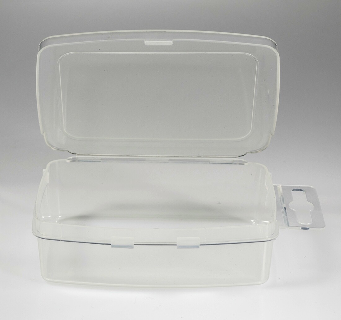 12 Rectangular Clear Plastic Boxes Snap Lids / Hang Tabs for Peg Boards  #1389