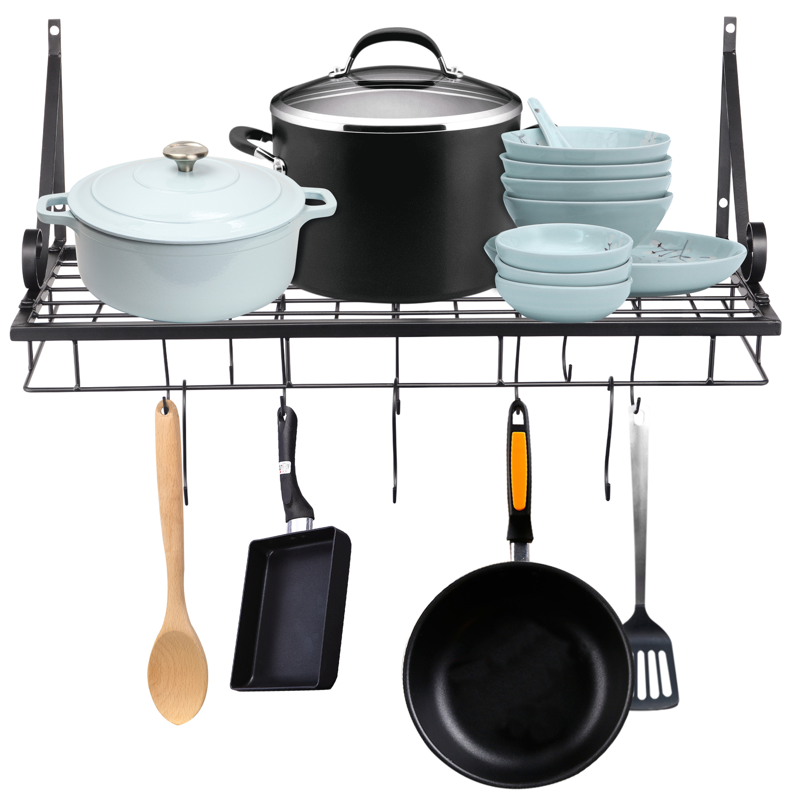 Wall Mount Pot Pan Hanging Rack Kitchen Cookware Storage Organizer Holder Black
