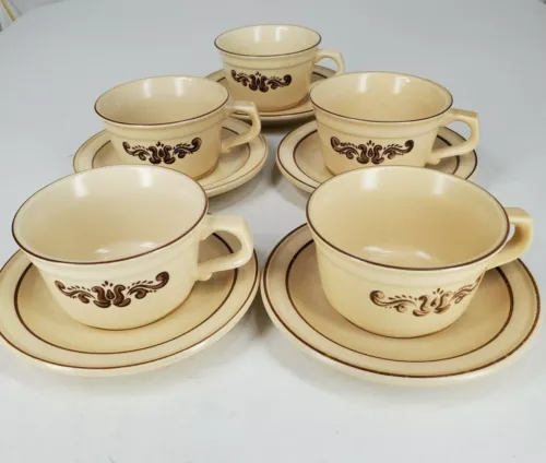 Pfaltzgraff USA Village Pattern Brown Floral Coffee Tea Mug and Saucer Set of 10