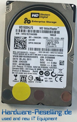 DELL WD VelociRaptor HDD 160GB SATA 10k rpm 0N963M WD1600HLFS  2,5" ohne Rahmen