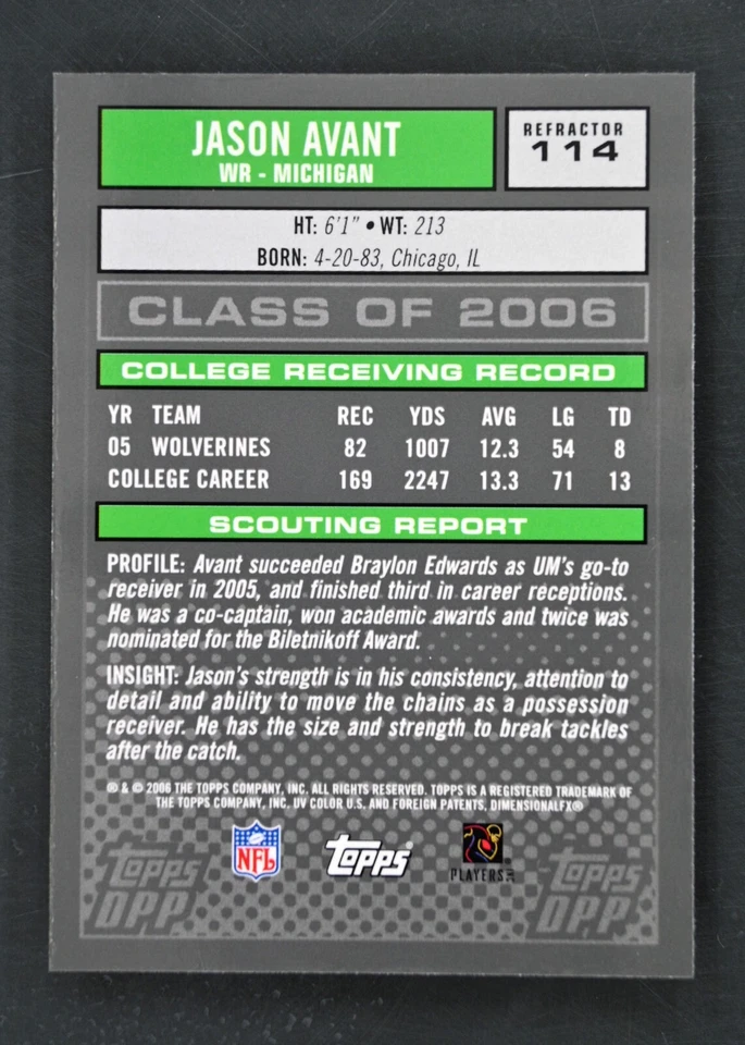 2006 Topps Draft Picks & Prospects #114 Jason Avant Refractor Rookie Michigan - Image 2 of 2