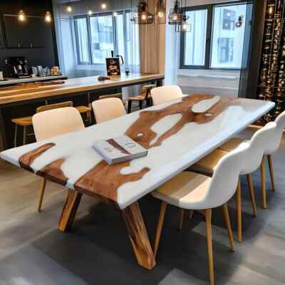 Custom Olive Luxury White Epoxy Resin Dining Table | Elegant Handmade Furniture