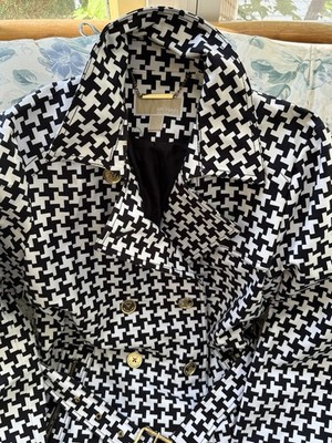 MICHAEL Michael Kors Black White Houndstooth Belted Trench Coat Women's L