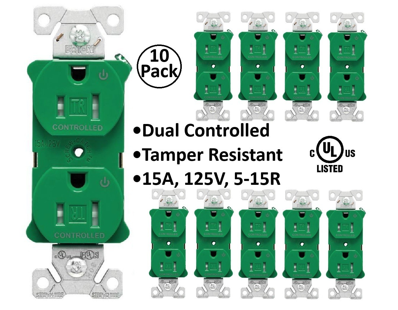 10 x Eaton GREEN Dual Control Duplex Receptacle Spec Grade, 15A 125V, TR5262CDGN