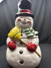 cracker barrel homespun snowman Top hat Broom Cookie Jar lori sievert 14” VTG