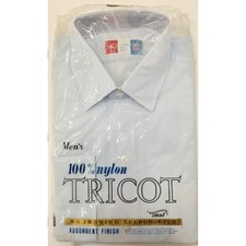VINTAGE NEW 1960's Lt Blue Men's Collared Shirt 100 Nylon TRICOT Size 15-32