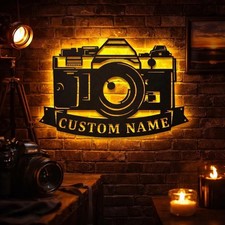Letrero de metal LED personalizado para fotógrafo, decoración de nombre de fotógrafo personalizado