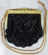 Black Sequin Beaded Clamshell Clutch Crossbody Formal Party Evening Bag