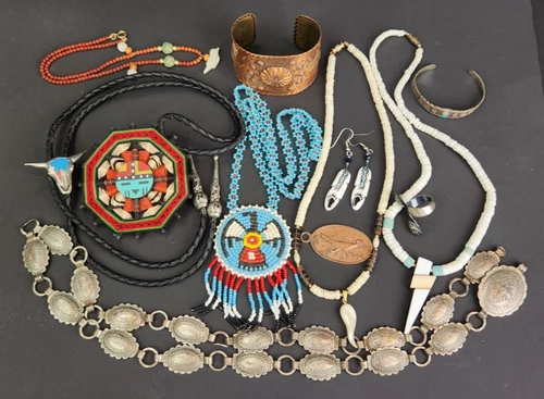 Vintage Native American Costume Jewelry Lot Navajo Belt Seed Bead Copper Cuff
