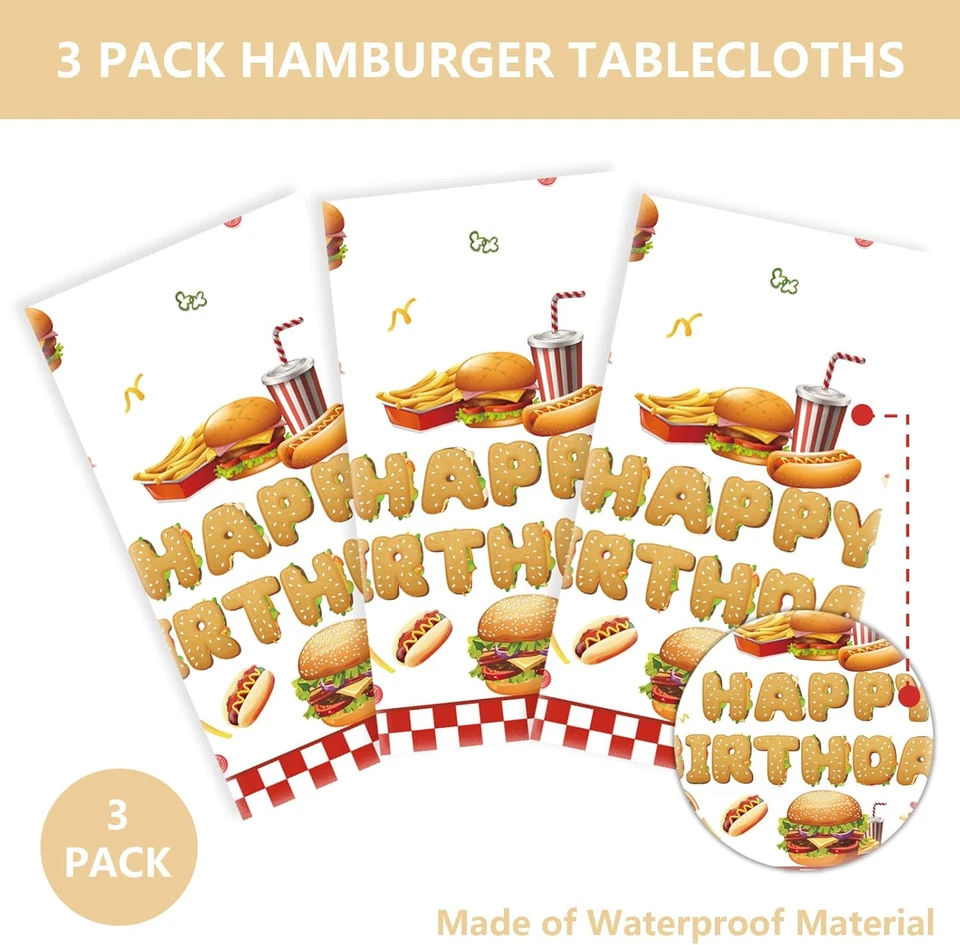 3 PIEZAS Mantel de Fiesta de Hamburguesa para Niñas Niños Niños Barbacoa Feliz Cumpleaños Fiesta De Foto 3 de 4