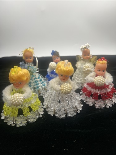 Vintage Beaded Safety Pin Craft Doll Lot Of 6 Vinyl Heads Chenille Muffs