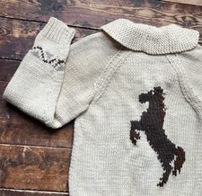 Vintage 1950s COWICHAN Style Horse Horseshoe Zip Cardigan Sweater Jacket S/M