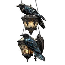Gothic Raven On Lantern Acrylic Suncatcher, Halloween Crow On Lamp Ornament