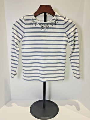 J Crew CrewCuts Girls Embellished T-Shirt, White blue grey stripe,SZ 8,Pre-owned