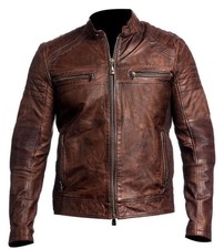 Men's Genuine Sheepskin Leather Motorcycle Jacket Vintage Cafe Racer Biker Black