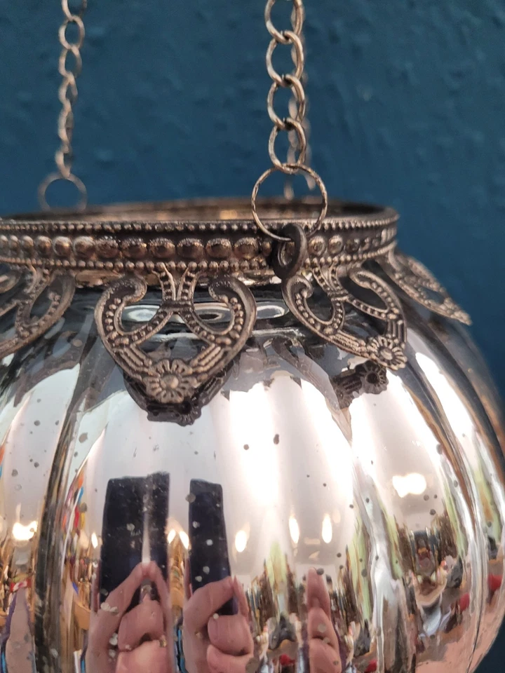 Windlicht Marokko Deko zum Hängen aus Glas Metall silber 16x11 cm orientalisch - Bild 2 von 4