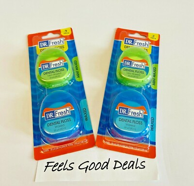 Dr. FRESH Dental Floss MINT Waxed & WAXED Lot of 2 double packs