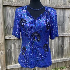 Vintage 80  s Stenay Blue Silk Beaded Sequin Floral Top size small