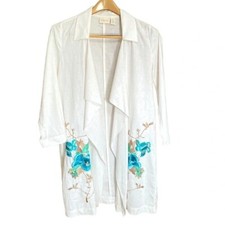 Chicos Embroidered Linen Kimono Cardigan Jacket White Floral Boho Womens 0 S
