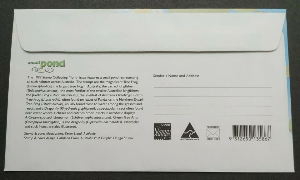 1999 Australia Small Pond Habitats Frog Kingfisher Dragonfly MS (Hologram) FDC - Image 3 of 3