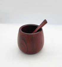 Vintage Handmade Wooden Salt Cellar w/ Spoon Possibly Swedish