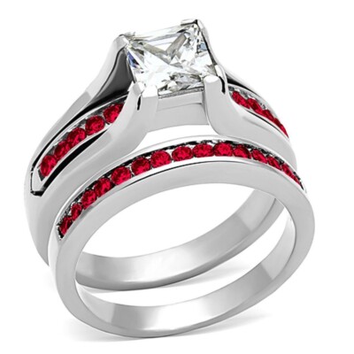 Silber Ring Set Rubin Rot Prinzessschliff Verlobung Ehering Damen