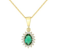 9ct Yellow Gold Simulated EMERALD & CZ Oval Cluster Pendant Necklace + 18" Chain