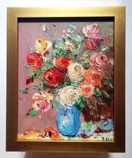 Vintage Expressionist Impasto Roses Floral Still Life Acrylic Painting 8x10