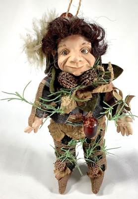 Woodlands Leaves Elf Pixie Ornament Christmas Figurine Porcelain Face Hands 8.5 