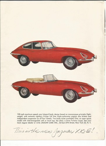 Original 1961 Jaguar XKE Coupe and Convertible vintage print ad: Version #1