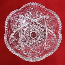 American Brilliant Cut Glass Bowl 8" Diamond Crosscut Hobstar Sawtooth Nice Ring